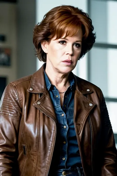 fifty-six-year-old molly ringwald, frowning, wearing brown leather jacket and jeans, scene from 2024 action film, extremely real...