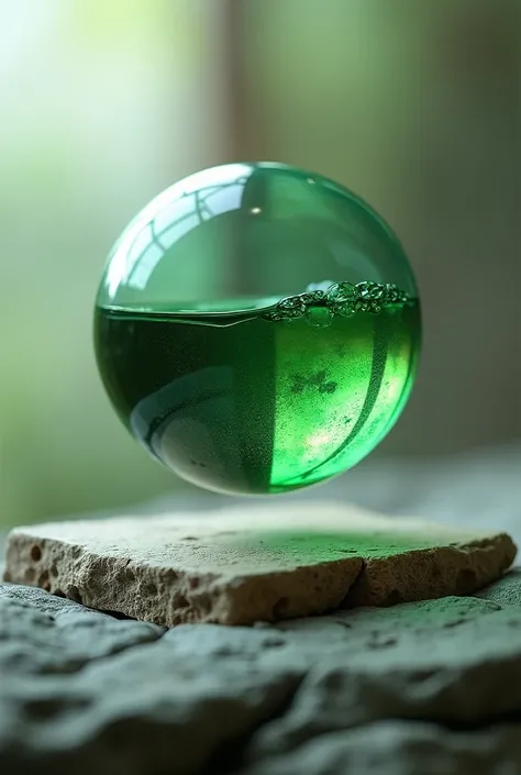 The modern design of the vial is livivitating in the air due to the magnet.  Designed like ball with Aesthetic matte design, with glass elements. in the form of a stone. Green rich  colour