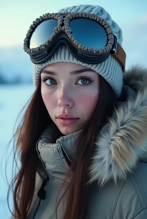 (beautiful detailed eyes,beautiful detailed lips,extremely detailed eyes and face,longeyelashes,beautiful young inuit woman,winter expedition,snow-covered landscapes,frozen tundra,icy winds,freezing temperatures,survival gear,fur clothing,thick coats,warm ...