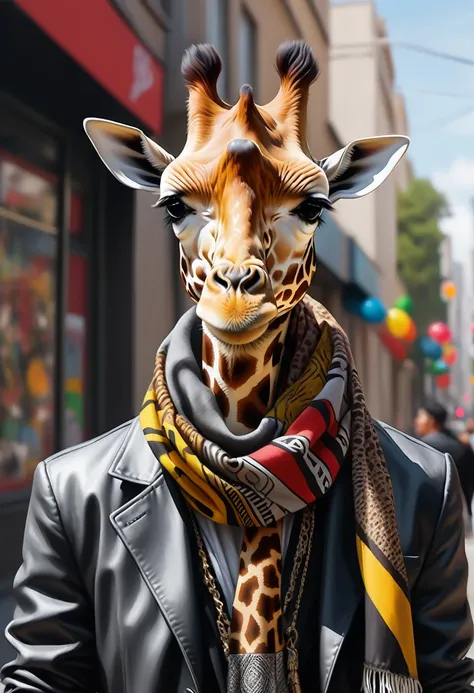 Painting of a giraffe with scarf, trendy art, Punk outfits, detailed hyper-realistic rendering, Gang member, Streetstyle, Threatening posture, fashionable costume, City Warrior