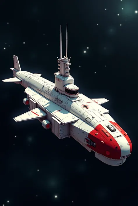 a german submarine from war ii in space.  View is in isometric perspective. It is seen in white color, with red details. At the front we have 2 towers, with 2 cannons each. The command tower is a block, having 2 spheres on the sides and the command section...