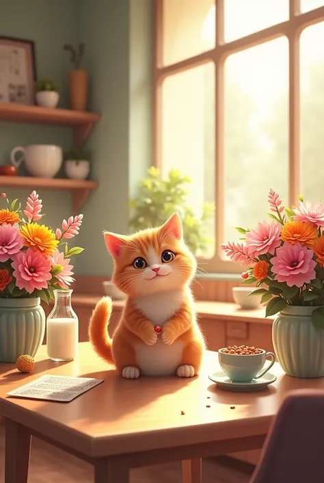 BOUQUETS OF FLOWERS AROUND A CAT WITH ITS TOY IN A CAFETERIA 