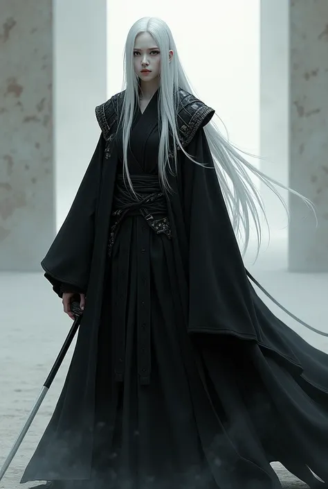 White hair samurai outfit black cover white skin 