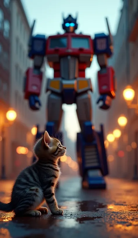 The kitten looks at Optimus Prime standing in front of him in shock., City Street, twilight, lanterns