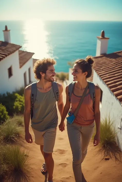 Photograph of two young people travelling through Spain, A ray of light passes between them, In the background you can see houses and the sea
