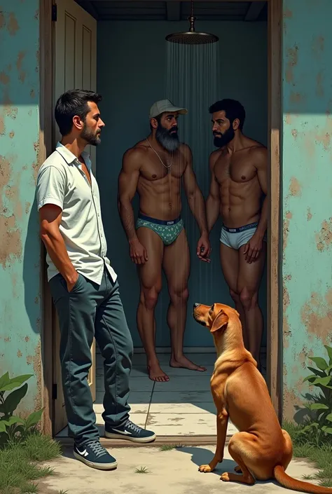 Shirt reporter, pants and sneakers leaning against the door outside an old house next to a dog, looking at strong, bearded, mixed-race Brazilian men taking a shower in their underwear inside.