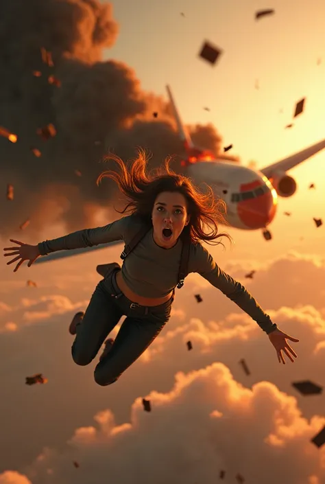 woman falling from a plane in mid-flight and plane catching fire in the air behind