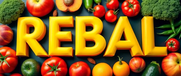 Make a picture of fruits and vegetables that says REBAL in capital yellow letters 