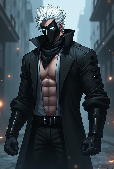 Anime Anti-Hero. Male, Muscular, White hair and Silver eyes, Black Face mask