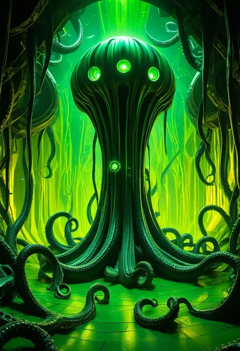 a gigantic floating cuboid structure with dark, twisting tentacles, radiating an intense green light from the circular patterns ...