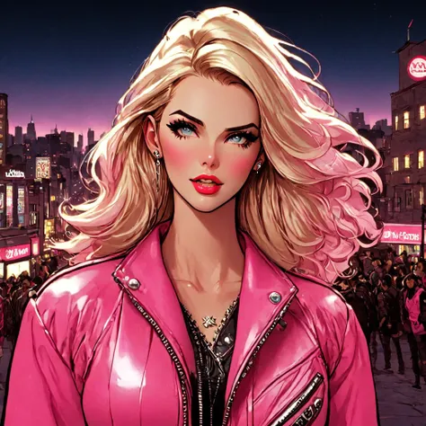 beautiful maiden, long blonde hair, pink jacket, aesthetic, intricate city background, citypunk, pinkcore, cool vibes, hyperdeta...