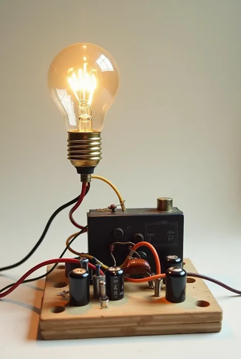 An electrical circuit with a 9 volt battery, a switch and a light bulb with capacitors looks homemade 