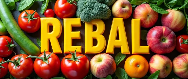 Make a picture of fruits and vegetables that says REBAL in capital yellow letters 