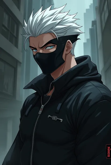 Anime Anti-Hero. Male, Muscular, White hair and Silver eyes, Black Face mask