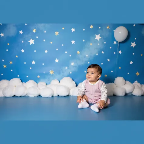 arafed baby sitting in front of a backdrop of balloons and stars, blue backdrop, lie on white clouds fairyland, portrait photo of a backdrop, portrait shot, blue themed, with a blue background, cyan photographic backdrop, cute boy, bright sky, mid shot por...