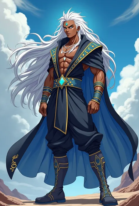 clearing! here is the updated prompt:

"Create a full body image of an anime-style character similar to Dragon Ball Super. he must be tall, black and athletic, with white dreadlocks and gray eyes. Your appearance must be divine, with clothes inspired by Wh...