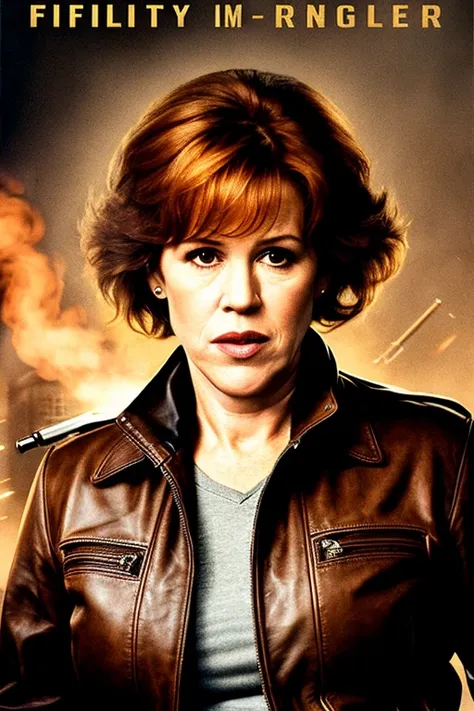 realistic poster for film showing fifty-six-year-old molly ringwald, frowning, wearing brown leather jacket and jeans, holding a...