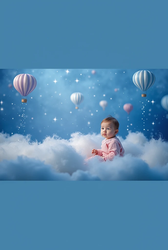 arafed baby sitting in front of a backdrop of hot air balloons and stars, a portrait by Julia Pishtar, shutterstock, surrealism, blue backdrop, lie on white clouds fairyland, portrait photo of a backdrop, portrait shot, blue themed, with a blue background,...