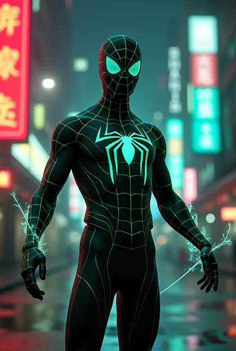 (high quality,ultra detailed,realist,photorealist:1.2),dark green suit,Spiderman,in a retro cyberpunk setting,shooting webs from their wrists,with intricate spider web patterns all over her costume,glowing in the light of futuristic neon signs and holograp...