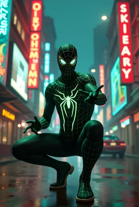 (high quality,ultra detailed,realist,photorealist:1.2),dark green suit,Spiderman,in a retro cyberpunk setting,shooting webs from their wrists,with intricate spider web patterns all over her costume,glowing in the light of futuristic neon signs and holograp...