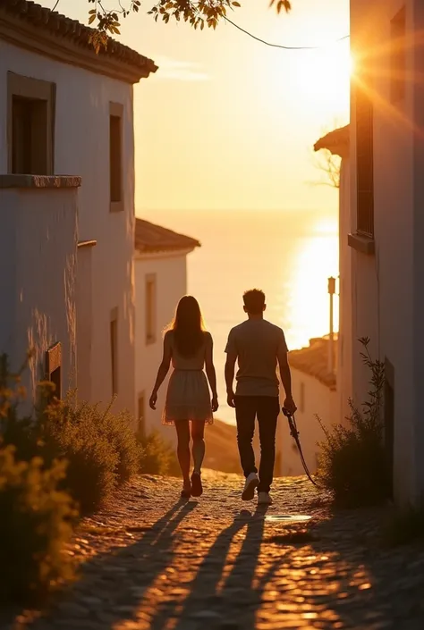 Photograph of two people travelling through Spain, a beautiful ray of light , In the background you can see colonial style houses and the sea in the distance
