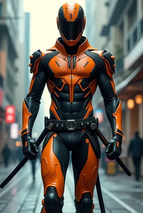 Male Villain with Orange and black tech suit for speed, sleeknand slim, helmet with face covered and dual katanas at his waist