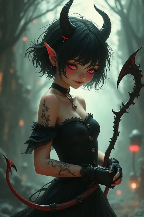 Cute demon woman with short hair and scythe as a weapon