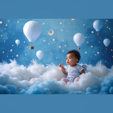 arafed baby sitting in front of a backdrop of hot air balloons and stars, a portrait by Julia Pishtar, shutterstock, surrealism, blue backdrop, lie on white clouds fairyland, portrait photo of a backdrop, portrait shot, blue themed, with a blue background,...