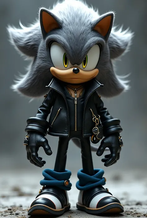 Hedgehog Sega, gray, shadow gray, Leather jacket black gray, black pants, black and white boots y azul, fingerless gloves, Shadow the hedgehog, yellow eyes, adult