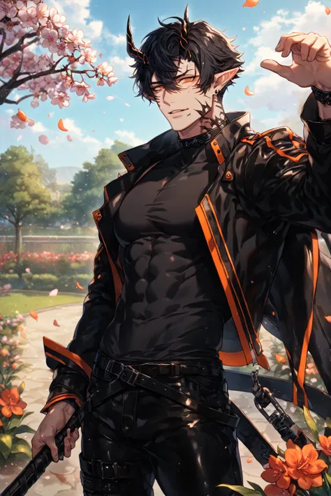 absurdres, highres, ultra detailed, HDR) master piece, best quality, extremely detailed, detailed face, detailed eyes, delicated features, Flamebringer, black hair, expressive orange eyes, Arknights, solo, sexy man, handsome, toned, manly man, sensual, adu...