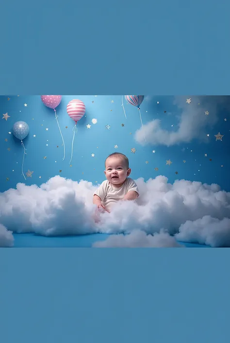 arafed baby sitting in front of a backdrop of balloons and stars, a portrait by Julia Pishtar, shutterstock, surrealism, blue backdrop, lie on white clouds fairyland, portrait photo of a backdrop, portrait shot, blue themed, with a blue background, cyan ph...