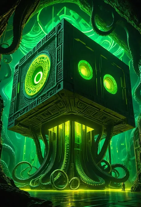 a gigantic floating cuboid structure with dark, twisting tentacles, radiating an intense green light from the circular patterns ...