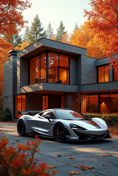 Imagine a sleek, modern nestled in a serene forest, surrounded by autumn leaves. The house, constructed with a mix of stone and glass, reflects the warm golden glow of the interior lights through large windows. Parked in front of this architectural marvel ...