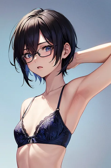 masterpiece, best quality,anime style, 1 girl,(((slender body))), (((small eyes))),(((blue bra,glasses))), (beautiful face), (((short hair))), (((straight hair))), ((((black hair)))),detailed beautiful skin, (perfect hands, perfect anatomy),scream