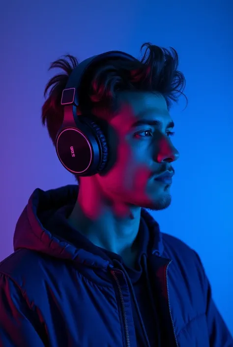 Young man with headphones on blue background ,roxo e preto

