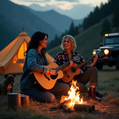 A super long shot photo of two very beautiful and glamorous white women, ages 30 and 34, playing a worn-out acoustic guitar at a campsite deep in the mountains at night.、They are singing loudly around the bonfire with great joy.、Lunch box cooking、Camping T...