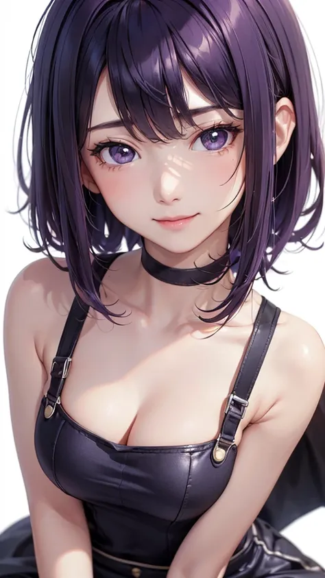 Best Quality,High resolution,8k,(plain white background, no patterns, no textures, just a plain white background:1.3),Masterpiece:1.2),beautiful girl,Big Breasts,(Glossy, deep purple hair:1.3),bob cut,Beautiful purple eyes,Gentle look,A refreshing look,smi...