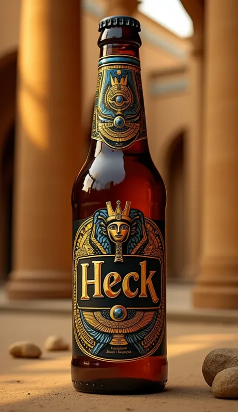 Egyptian themed beer bottle with the name "HECK"