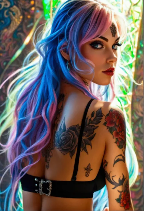 Create a hyper detailed photograph of a tattooed muscular young Stunningly gorgeous goddess nerd goth girl, Stunningly perfect gorgeous feminine face, perfect makeup, detailed vibrant eyes, long flowing hair, big beautiful muscular legs, big beautiful musc...