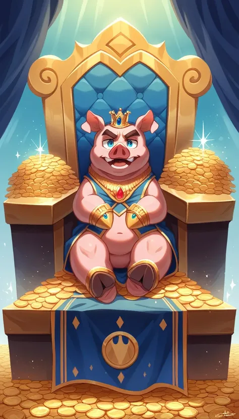 "Create a vibrant and dynamic promotional banner for an online gaming platform. The banner should feature a cheerful cartoon pig dressed as a king, sitting on a luxurious throne. Surround the pig with gold coins and a treasure chest overflowing with riches...