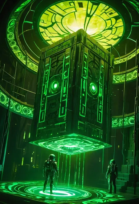 a gigantic floating cuboid structure with dark, twisting tentacles, radiating an intense green light from the circular patterns ...