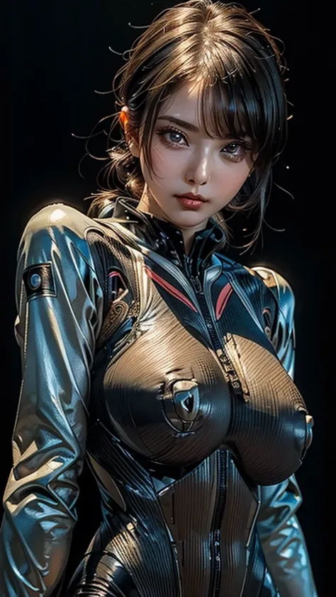 ((Highest quality:1.2)), ((masterpiece: 1.2)), (realistic:1.2),((Beautiful face:1.2)),( Highly detailed lips, Detailed eyes, double eyelid),((Upper Body:1.6)), ((Wearing a plug suit:1.6)), 1 female, Short bob woman, (Natural big breast)