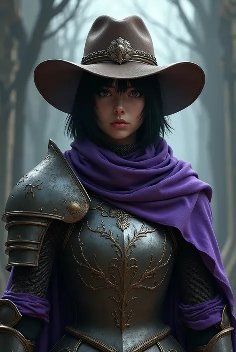 Dark fantasy, female knight wearing medieval armor and having short black hair with bangs. She wears a brown cowboy hat and a purple scarf with root details.