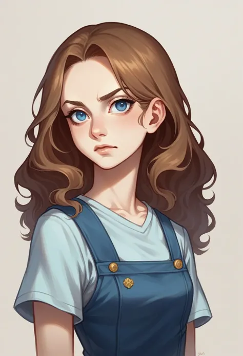 Вот обновленный промт:

"A realistic portrait of a young woman in her early 20s, with long, wavy brown hair. She has striking, bright blue eyes and is staring directly into the camera with a serious, intense expression. The background is softly blurred, fo...