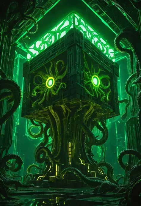 a gigantic floating cuboid structure with dark, twisting tentacles, radiating an intense green light from the circular patterns ...