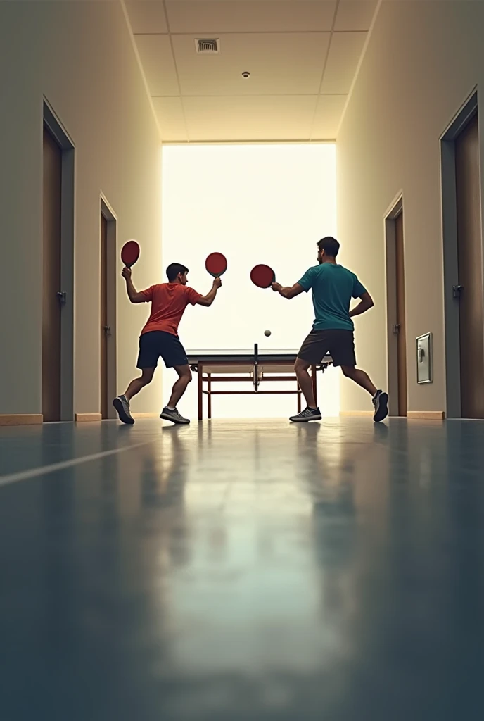 Have 2 people playing ping pong from the south east perspective of one of the players in a hallway