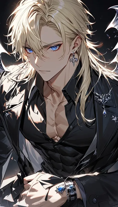 alone, good looking, 1 male, by the wide, middle parted hair, light yellow hair, blue eyes, black shirt, White Thailand, black trench coat, Real silver jewelry, Real devil earrings, affront, Vtuber affront Camera, ABS, high 1.90, fallen Angel