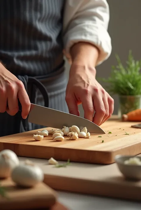 Chopping garlic at bord