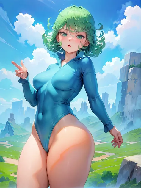 (masterpiece, Best Quality: 1.2), cowboy shot, One, 1 girl, Tatsumaki, wicked, Closed mouth, looking at the viewer,  blue sky, clouds, wide hip, thick thighs, huge butt, shameless, naked, view from behind, blush