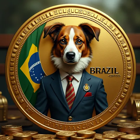 a dog in the center of a coin, In gold, using a tie and suit as traditional currencies, president of brazil,crypto currency is about meme coin, bitcoin similar to bitcoin currency, brazil, surreal, brad, photo realist, I can&#39;t believe it&#39;s real, 🪙💸...